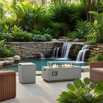 42" Propane Gas Fire Pit Table 2-Pieces, 50000 BTU Rectangular Steel Fire Pit with Glass Wind Guard for Outside Patio Deck Garden Courtyard-- Frevyn