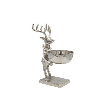 Storied Home Cast Aluminum Deer Holding Bowl, Nickel Finish