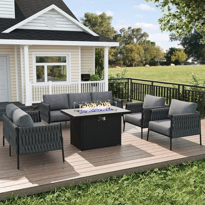 LayinSun 5 Piece Outdoor Furniture Set with Fire Pit Table, Modern Rope Woven Patio Conversation Sofa Set with Olefin