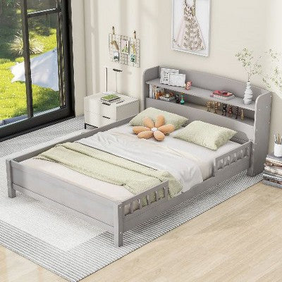 CAVINAS Twin Size Bed Frame with Storage Headboard & Guardrail, Storage Platform Bed Frame with Built-In LED Light, Solid Pine Wood Kids Bed Frame