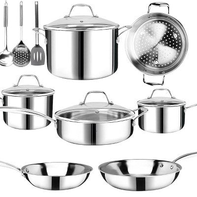 Aoibox 14-Piece Nickel Free Stainless Steel Cookware Set, Whole-Clad 3-Ply Mirror Polished Pots and Pans, Healthy Induction Cookware with Steamer