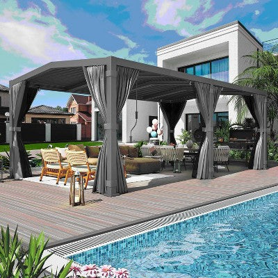 EROMMY 12x20 Louvered Pergola, Dark Grey Aluminum Structure with Adjustable Rainproof Pitched Roof