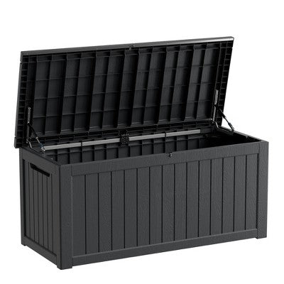 Gulches 230GAL 870L Outdoor Storage Deck Box Black Woodgrain Lockable Steel Support Water Leakage Holes Weatherproof Resin