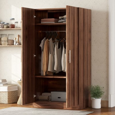 TIRAMISUBEST 2-Door Wooden Wardrobe Armoire with 3 Storage Shelves, Modern Bedroom Closet with Hanging Rod, Bedroom Clothes Organizer