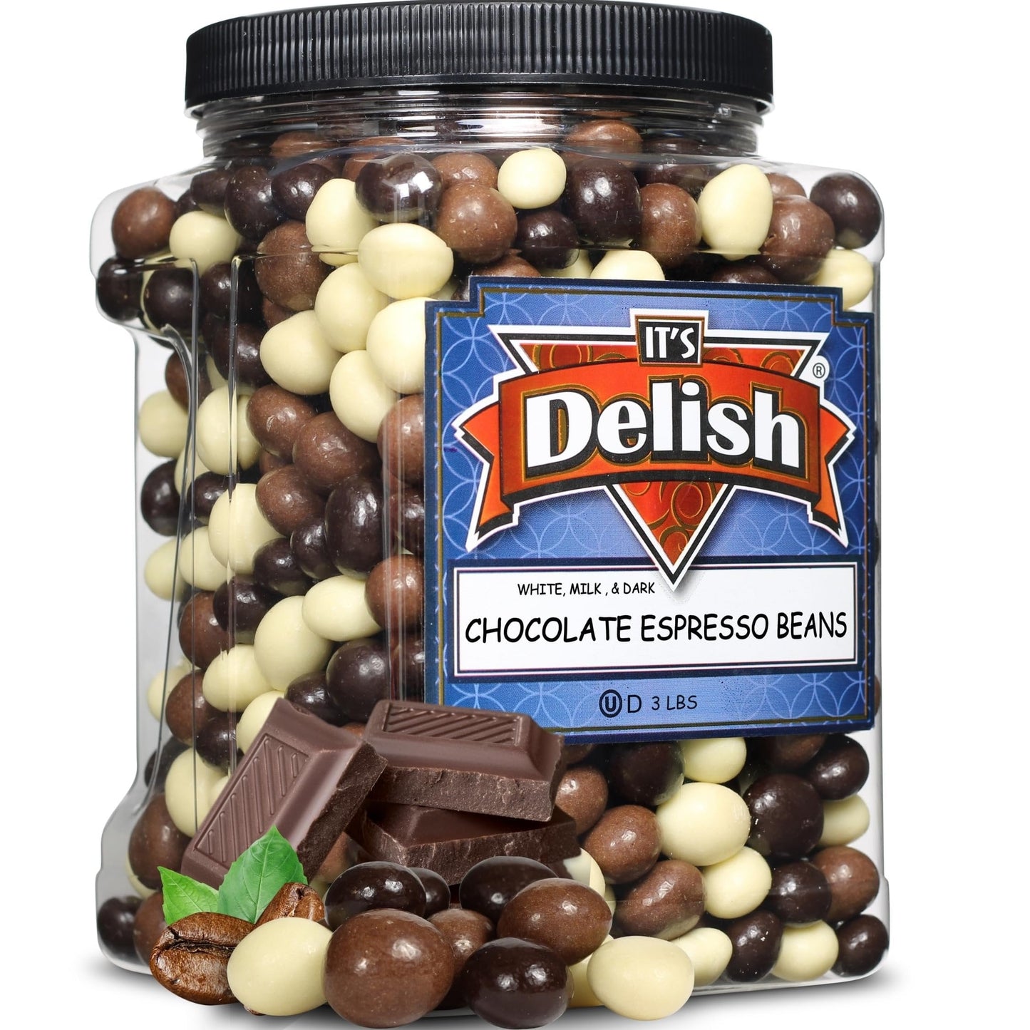 Gourmet Chocolate Covered Espresso Beans Medley By Its Delish, 3 Lbs Jumbo Reusable Container Mix Of Dark, Milk & White Chocola