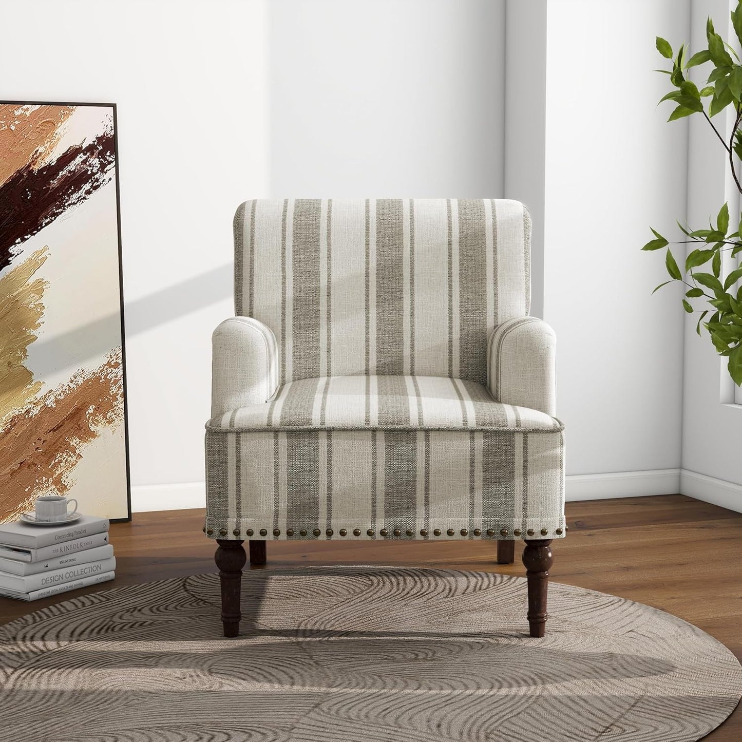 Accent Chair, Mid Century Modern Comfy Armchair for Living Room, Linen Fabric Single Sofa Lounge for Reading Bedroom Apartment Waiting Room with Wood Legs (Brown Stripe, Set of 1)