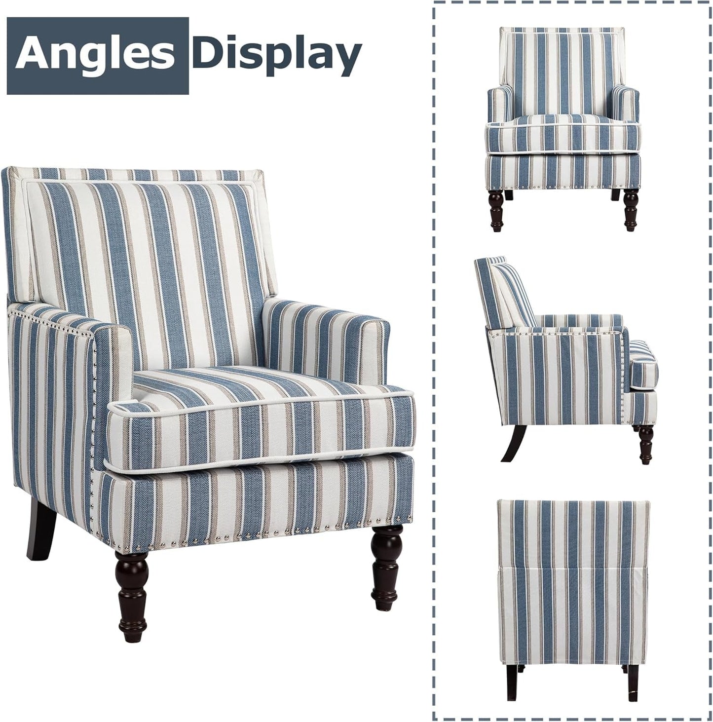 Accent Chair, Modern Comfy Mid-Century Accent Chairs,Linen Upholstered Lounge Arm Chair with Solid Wood Reading Side Padded Single Sofa for Living Room/Office/Balcony/Bedroom-Blue Stripe