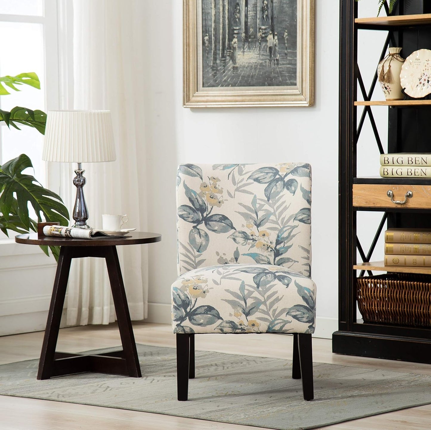 Capa Print Abric Armless Contemporary Accent Chair, Blue Leaves