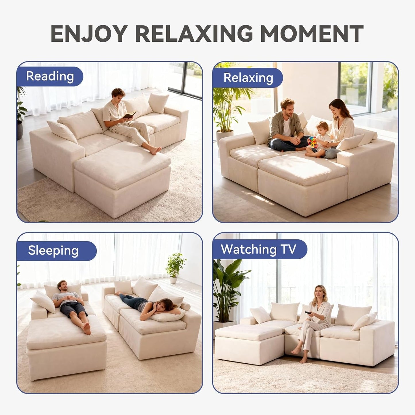 108 Inch Cloud Sectional Couch, Modular Sectional Sofa with Deep Seat, Convertible L-Shape Couch with Ottoman, 3 Seater Cloud Couches for Living Room, No Assembly Required(Warm White)
