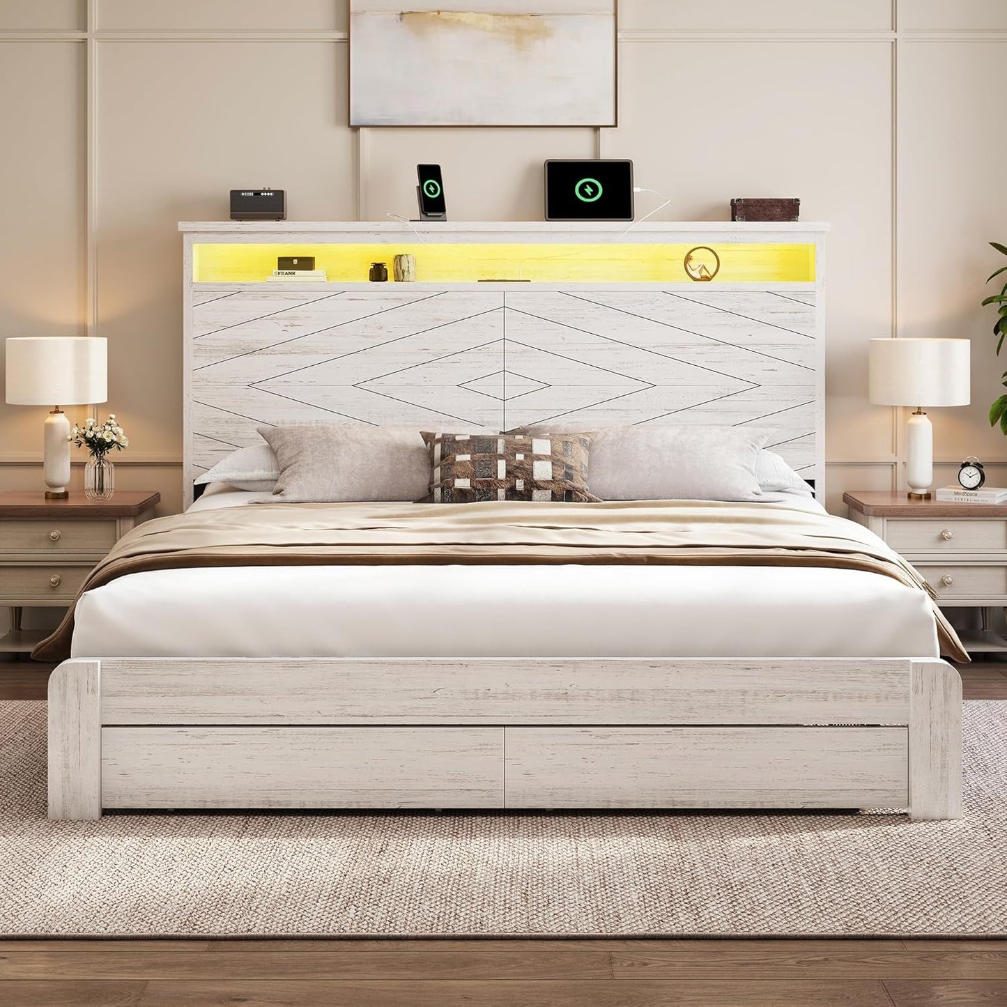 Queen Size Bed Frame with 2 Storage Drawers and Headboard Wooden Platform Bed Frame with LED Lights and Charging Station Easy Assembly/No Box Spring Needed/White
