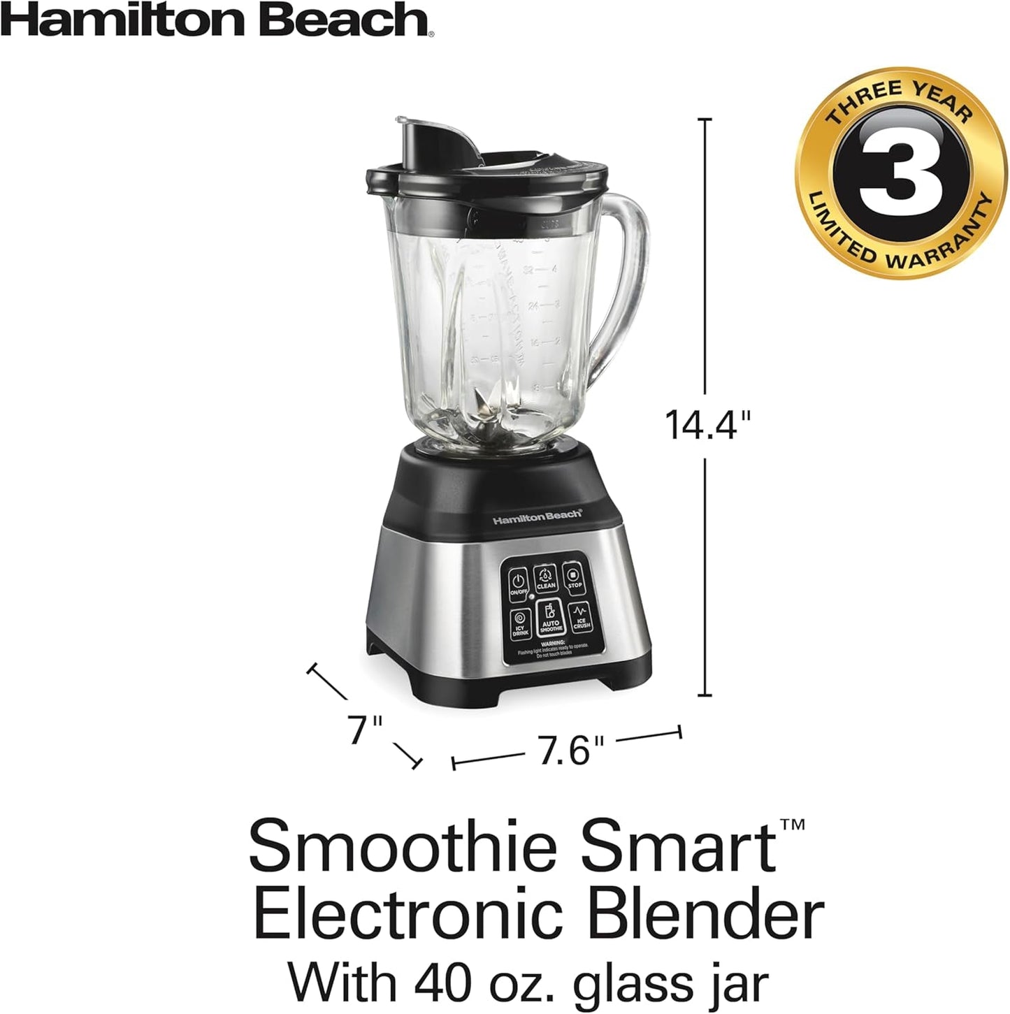 Blender for Smoothies with 5 Functions Including Auto Smoothie Cycle, Wave Action System for Ultra Smooth Results, 850 Watts, 40Oz BPA Free Glass Jar, Stainless Steel (56208)