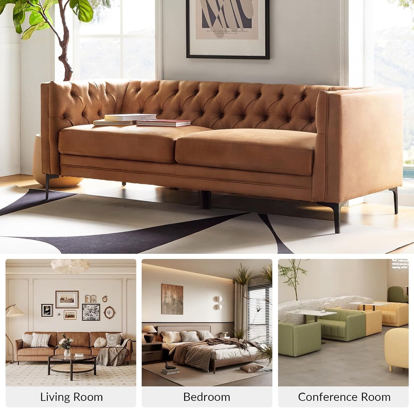 84" W Faux Leather Sofa Couch with Metal Legs, Button-Tufted 3-Seater Sofa, Mid Century Modern Upholstered Couch for Living Room, Entertainment Area, Apartment,Camel