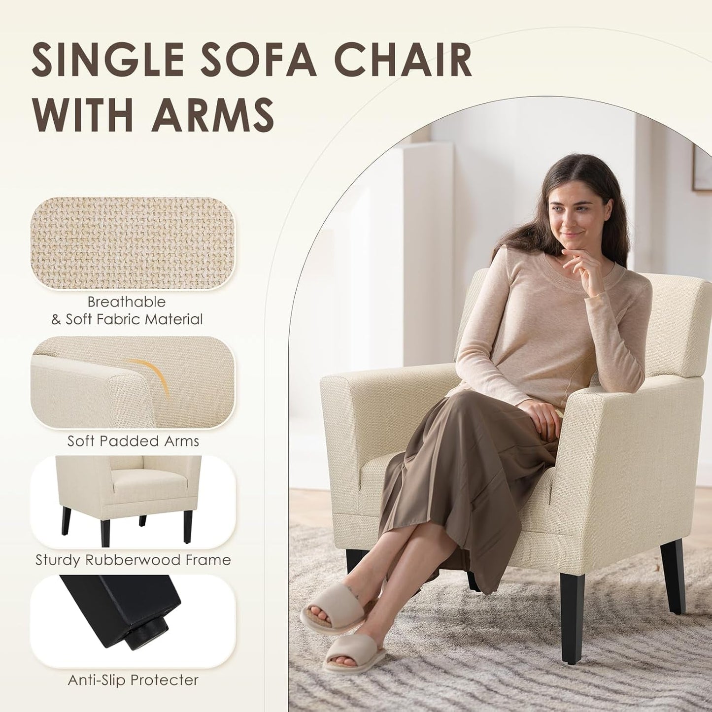 Accent Chair Set of 2 for Living Room, Modern Upholstered Fabric Accent Armchair with Back, Soft Single Sofa Chair with Arms for Bedroom/Office/Reception Room, Oatmeal