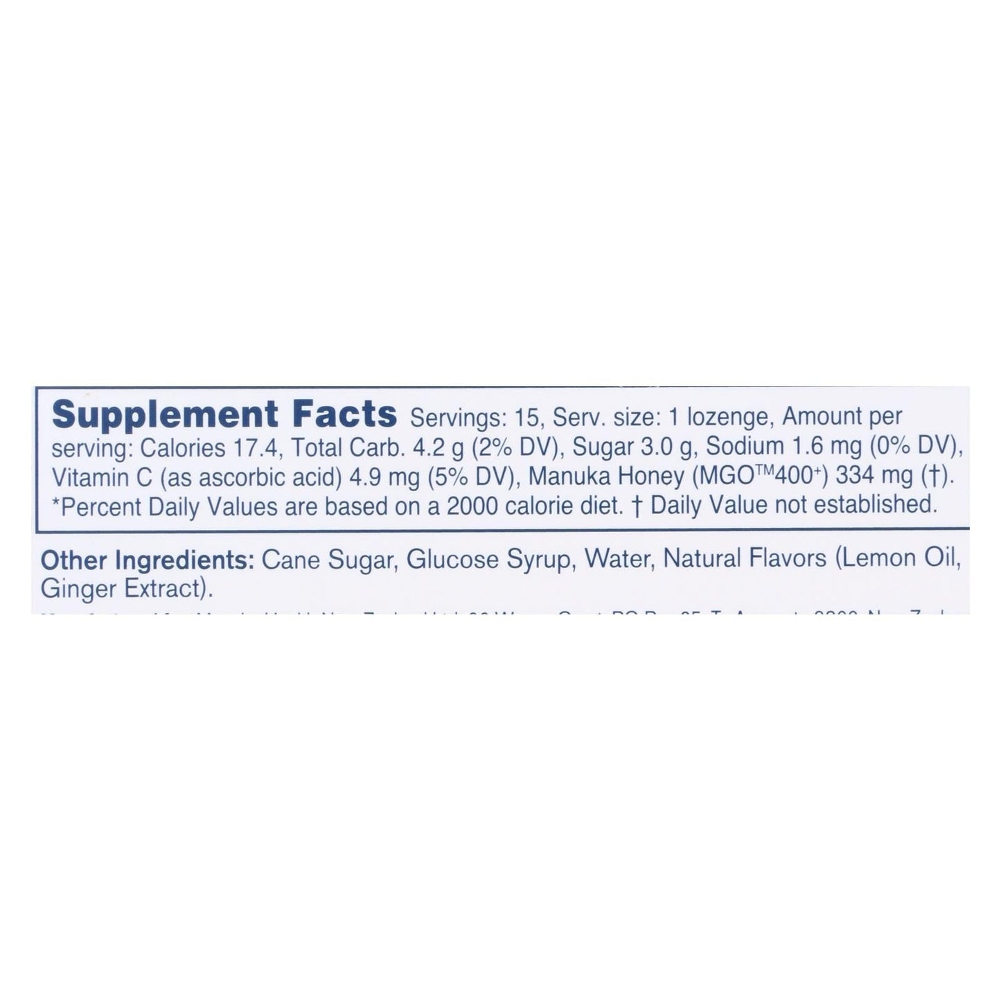Manuka Health MGO 400+ Honey Lemon Ginger Lozenges 15 Ct