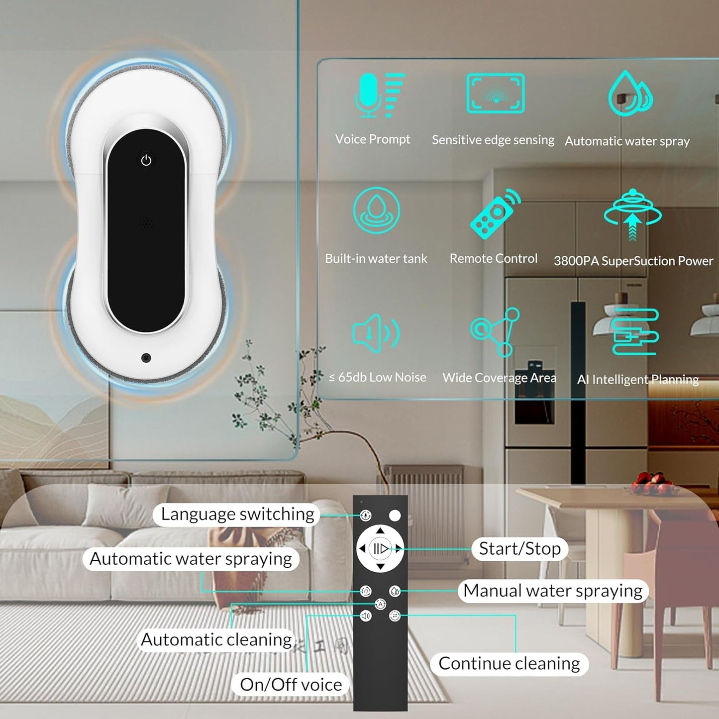Automatic Window Cleaner Robot with Dual Water Spray,Smart Window Cleaning Washer Machine with 3000Pa Suction&Ai Path Planning,Perfect Windows Cleaning Robot for Highrise Windows, Tiles and Glass