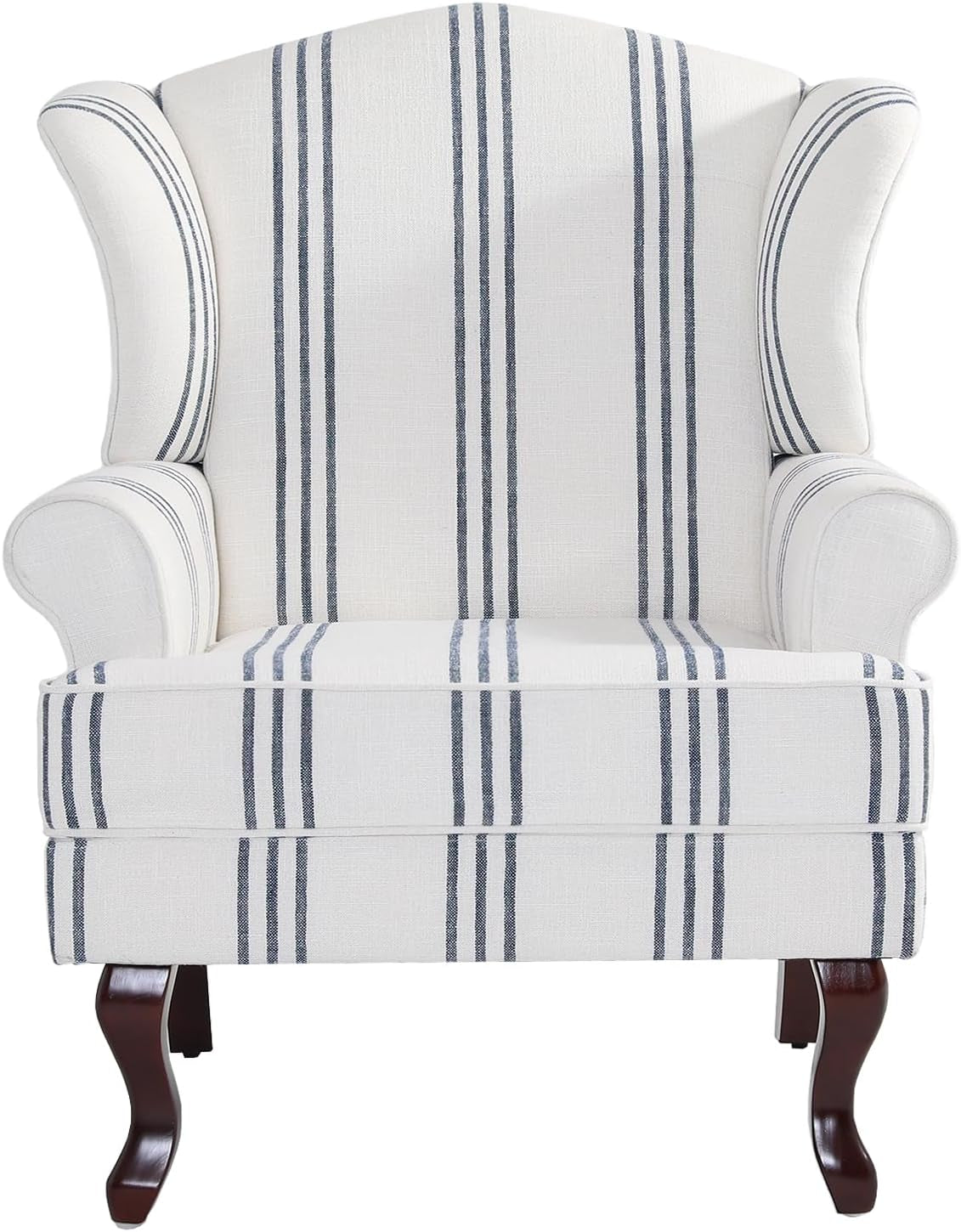 High Back Accent Chair, Upholstered Armchair in Fabric with Solid Wood Legs, Retro Arm Chair Comfy Single Sofa Reading Seat for Living Room - Navy Stripe