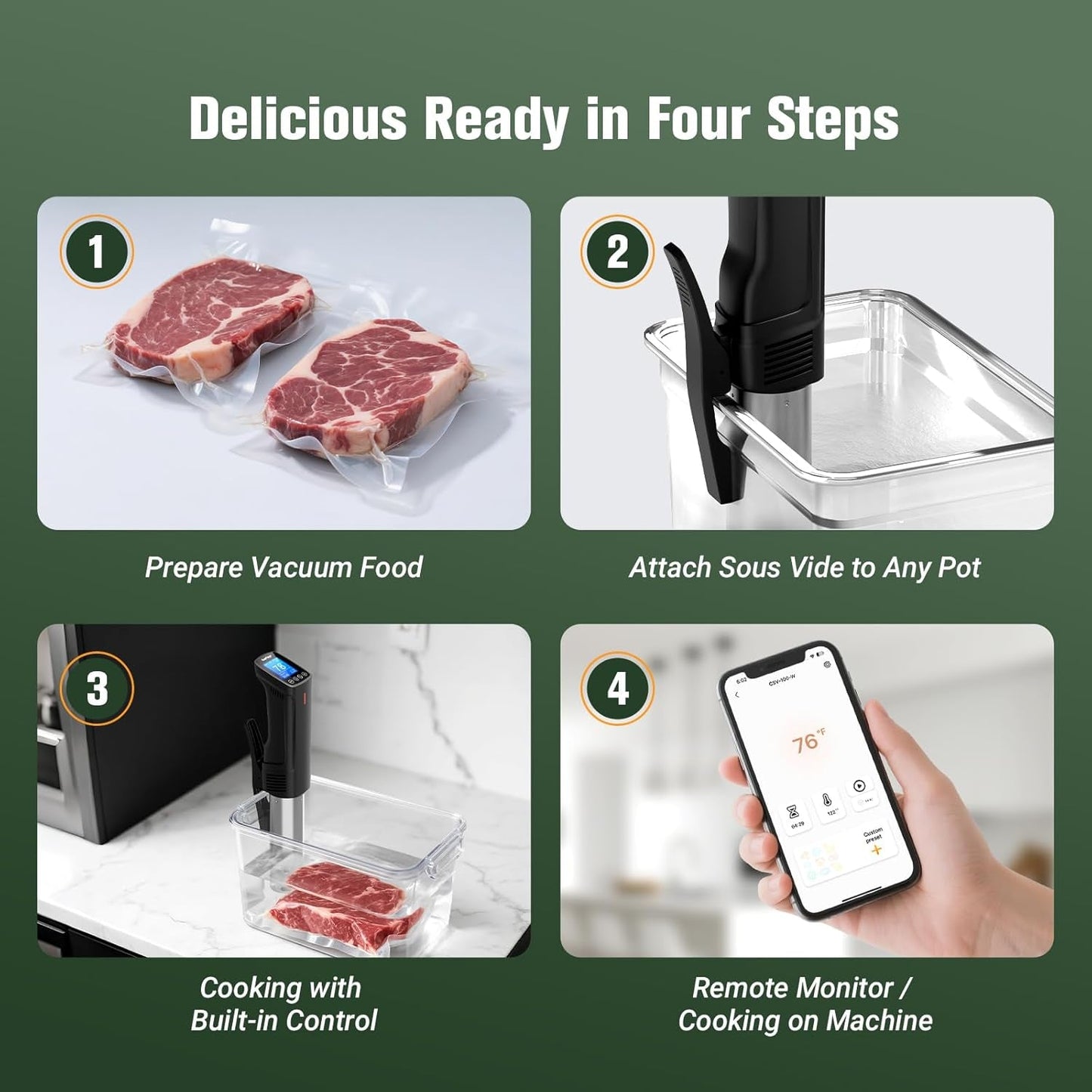 Sous Vide Machine CSV-100-W, 2.4G Wifi Sous Vide Cooker 1000 Wattts Sous-Vide Cooker Immersion Circulator with 14 Preset Recipes, Calibration Function,Fast-Heating with Timer,