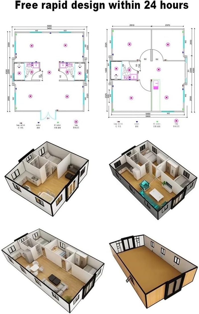 20FT Prefab Tiny Home for Sale Modern Modular Home Expandable Container House with 2 Bedrooms 1 Bathroom Customizable Prefabricated Tiny House for Living Office or Remote Areas