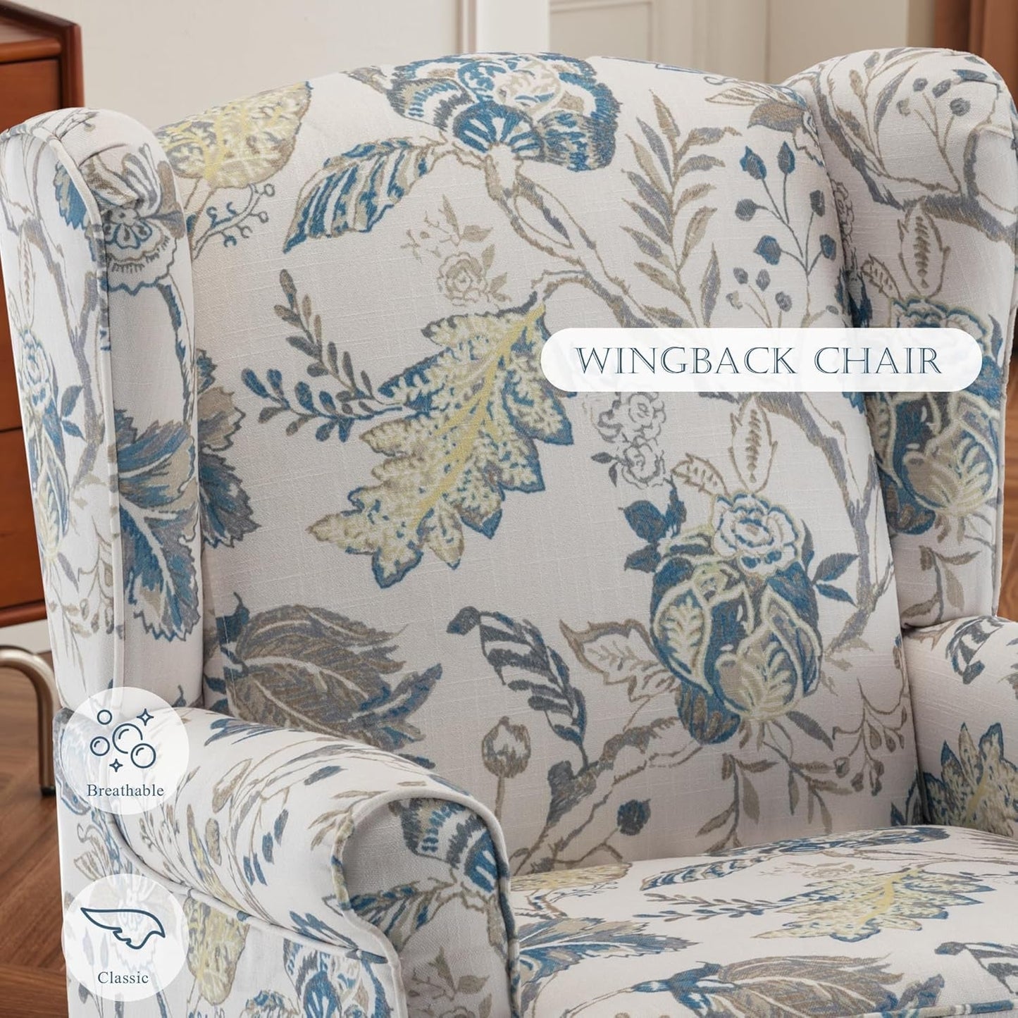 Floral Accent Chair, High Back Upholstered Armchair with Solid Legs, Leisure Single Sofa Chair for Living Room, Bedroom, Home Office, Blue Floral