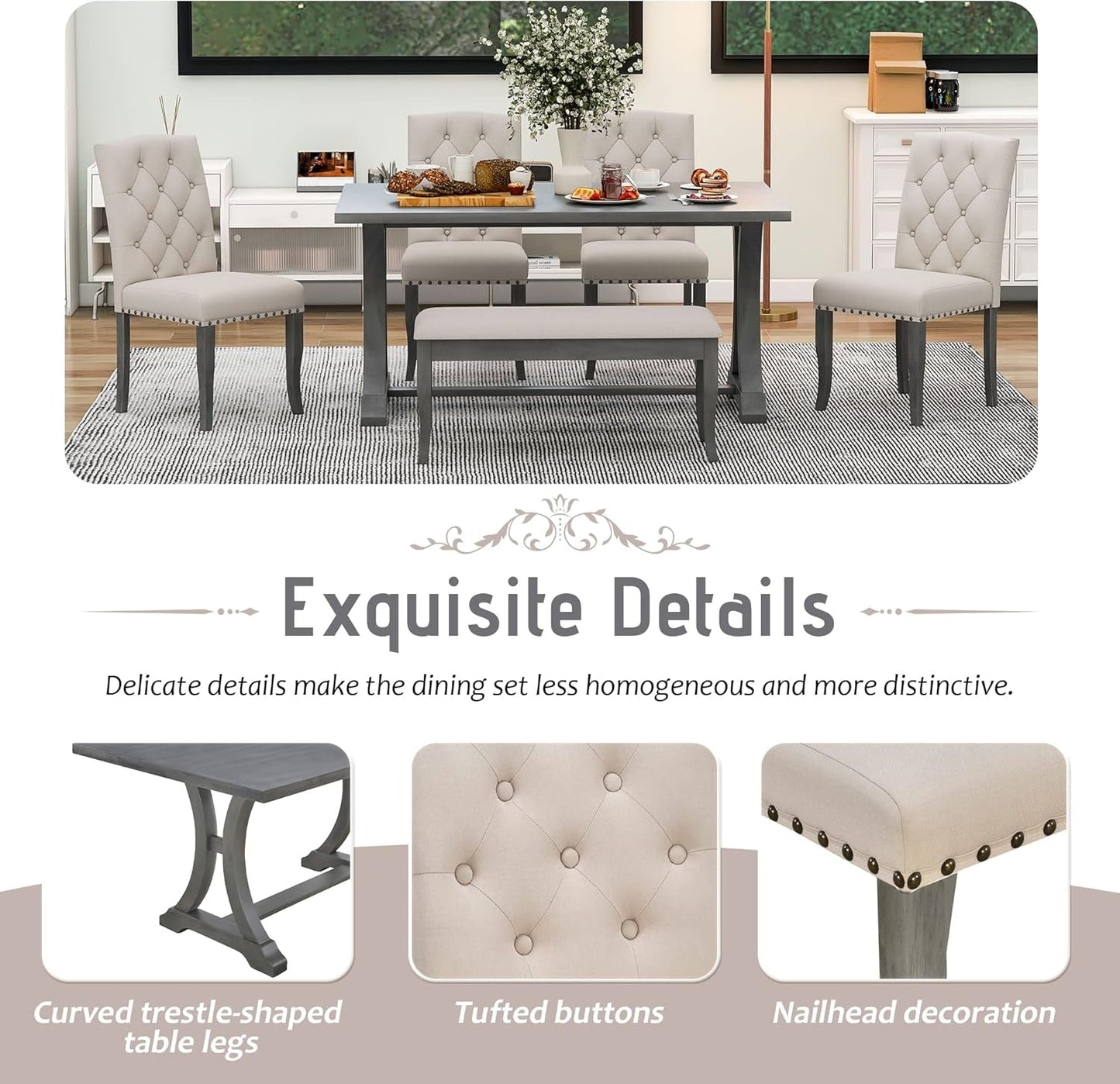 Dining Table Set for 6, Kitchen Table Set with Chairs and Bench, 6 Piece Solid Wood Dining Room Set with Trestle Table Legs for Kitchen, Dining Room (Antique Grey)