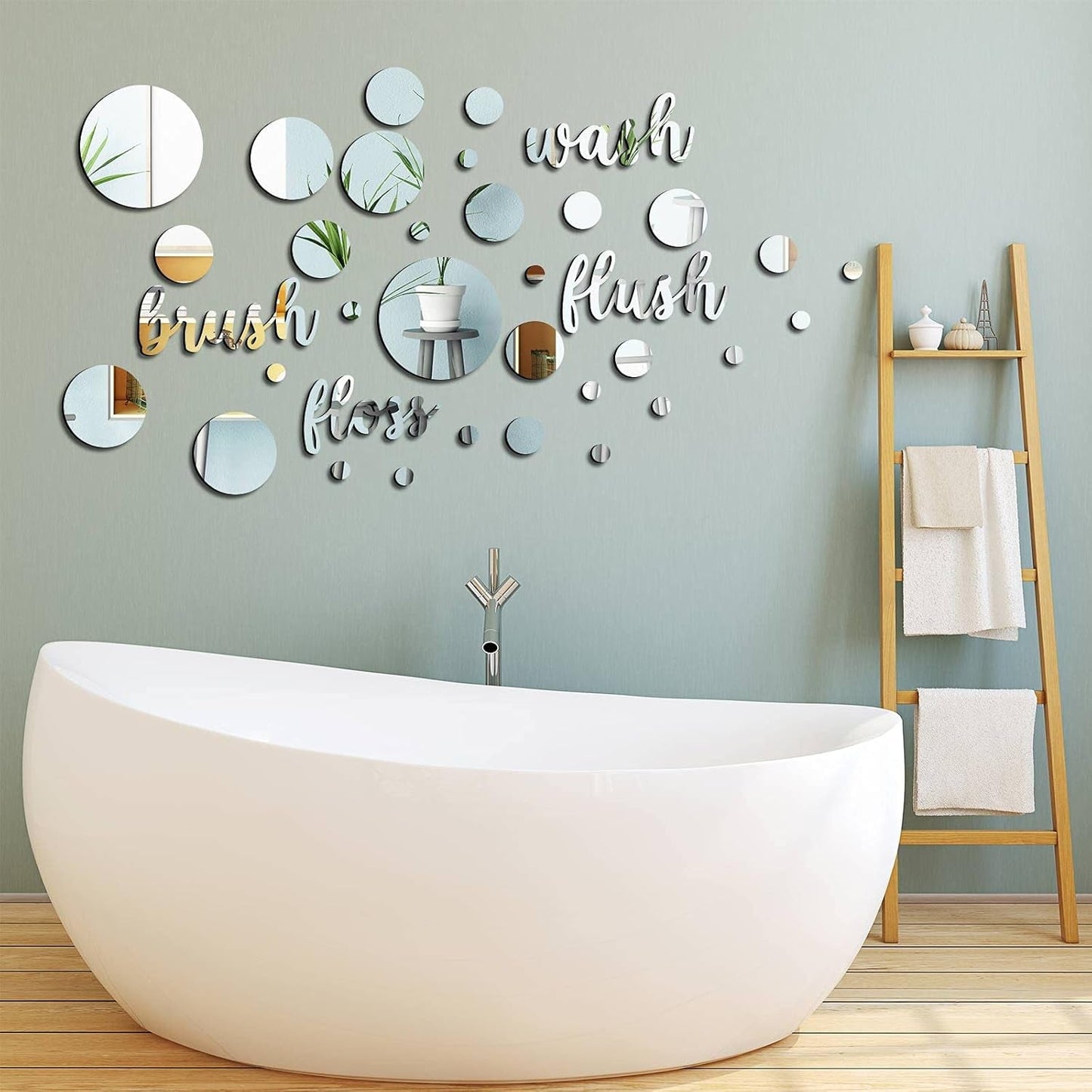 30 Pcs Bathroom Wall Decals Brush Wash Flush Floss Stickers 3D round Mirrors Wall Decal Self Adhesive DIY Acrylic Mirror Decor Beautiful Art Words Decor for Home Bedroom (Silver)