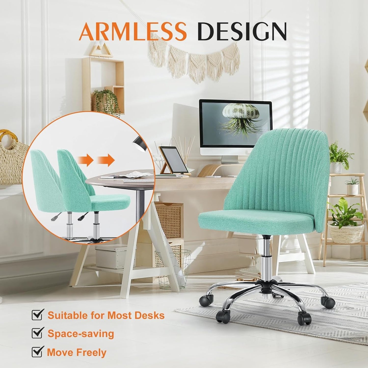 Office Chair - Armless Vanity Chair, Cute Comfy Home Office Desk Chair with Wheels, Modern Upholstered Task Computer Seat for Bedroom, Study, Makeup Vanity, Height Adjustable & Swivel, Mint