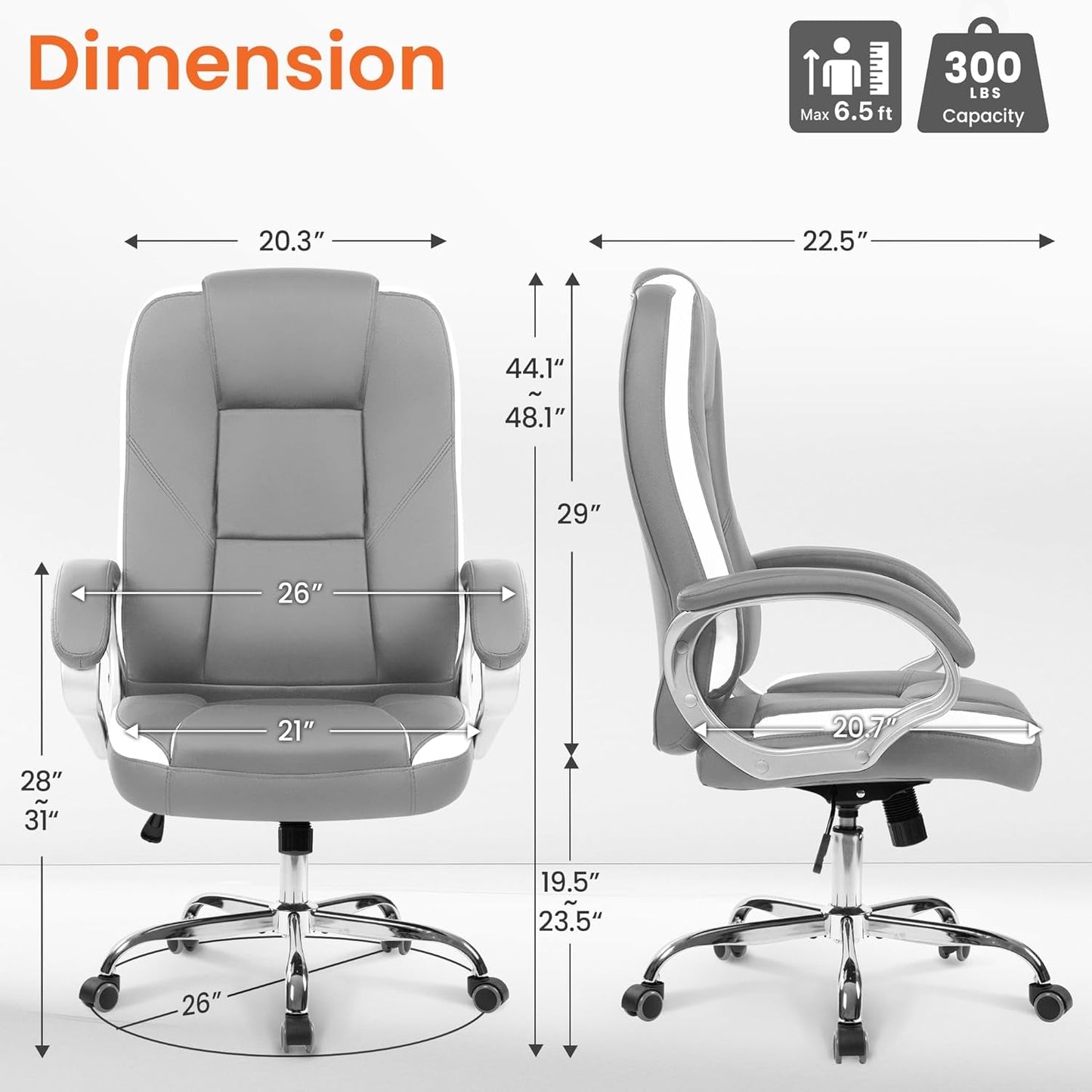 Office Desk Ergonomic Gaming Chair High Back Adjustable Computer Chair with Wheels and Lumbar Support Comfy Leather Executive Swivel (Grey)