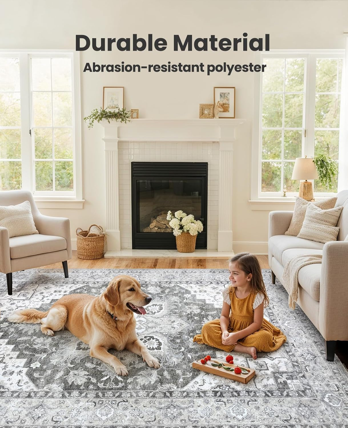 8X10 Area Rugs, Low-Profile Large Washable Area Rug with Non-Slip Backing & Durable Edge Binding, Vintage Rugs for Living Room, Bedroom, Dinning Room
