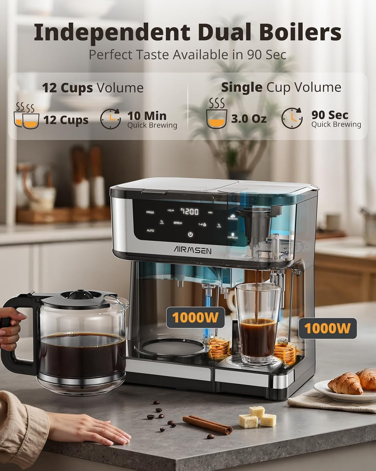 12-Cup Programmable Dual Coffee Maker – Single Serve Machine for K-Cup Pods & Ground, 1000W Fast Brew, Delay Start, 2H Keep Warm, Touchscreen, 60Oz Tank, Glass Carafe – Home & Office