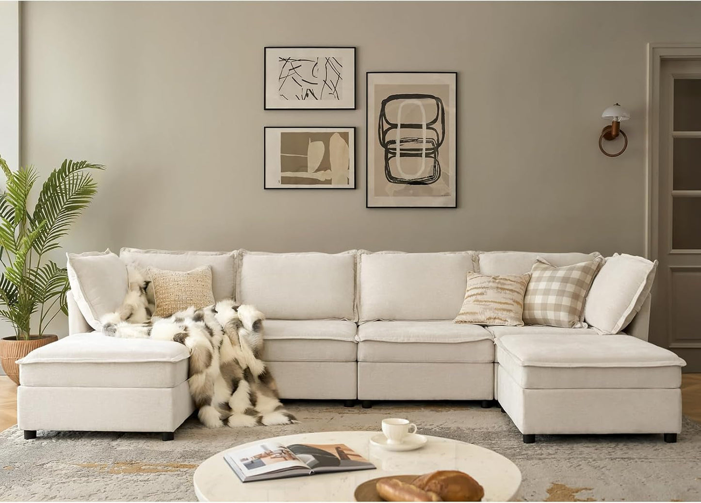 127'' Modular Sectional Sofa, Oversized U Shaped Couch with Storage Ottoman, Comfy Chenille Sofa with Deep Seat, 6 Seat Convertible Couches for Living Room, Beige