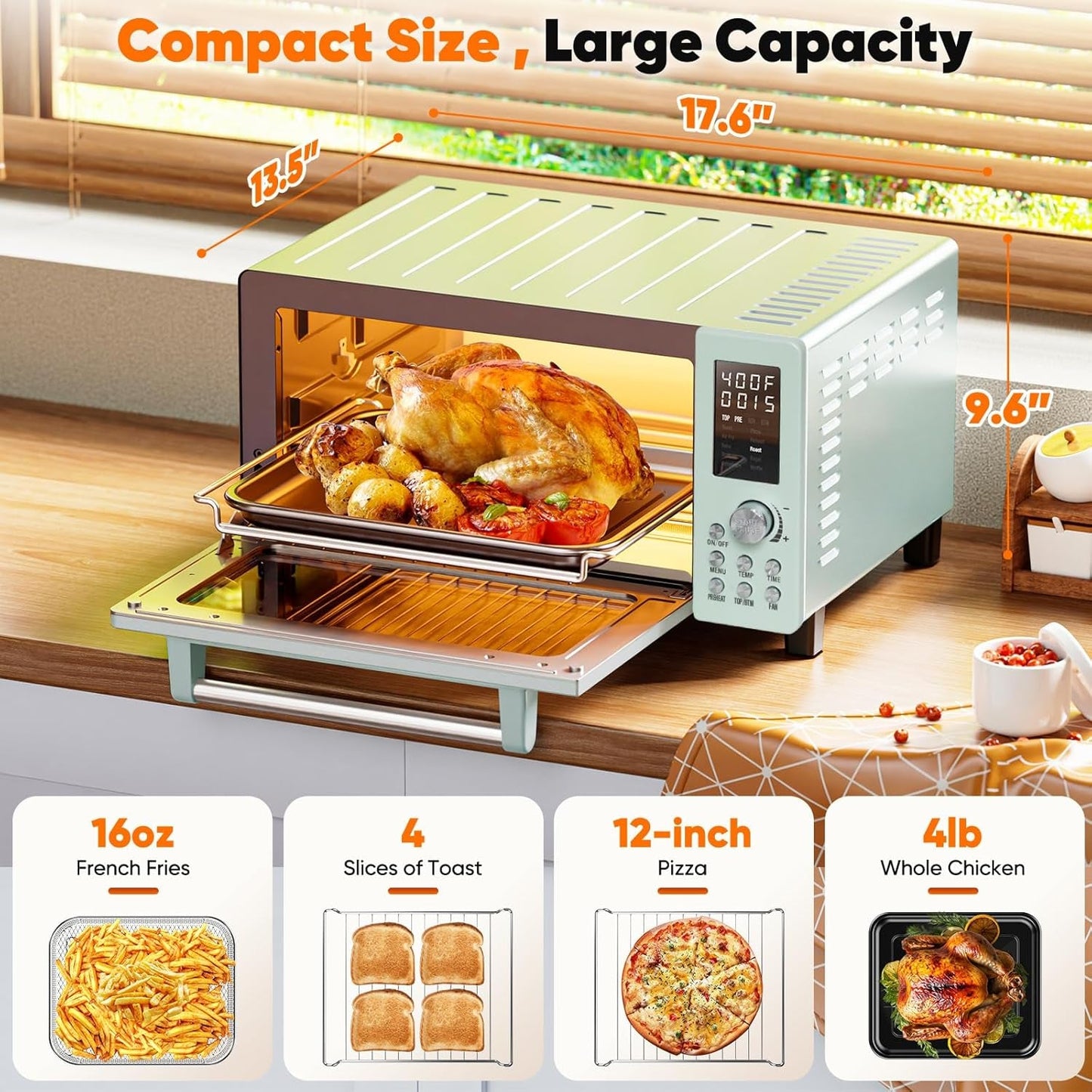 Bravo Pro Smart 21QT Toaster Oven Air Fryer Combo, Convection Oven Countertop, 10 Functions All in 1, with Even & Quick Crisp Technology, 50-450°F, 1800W, Mint Green