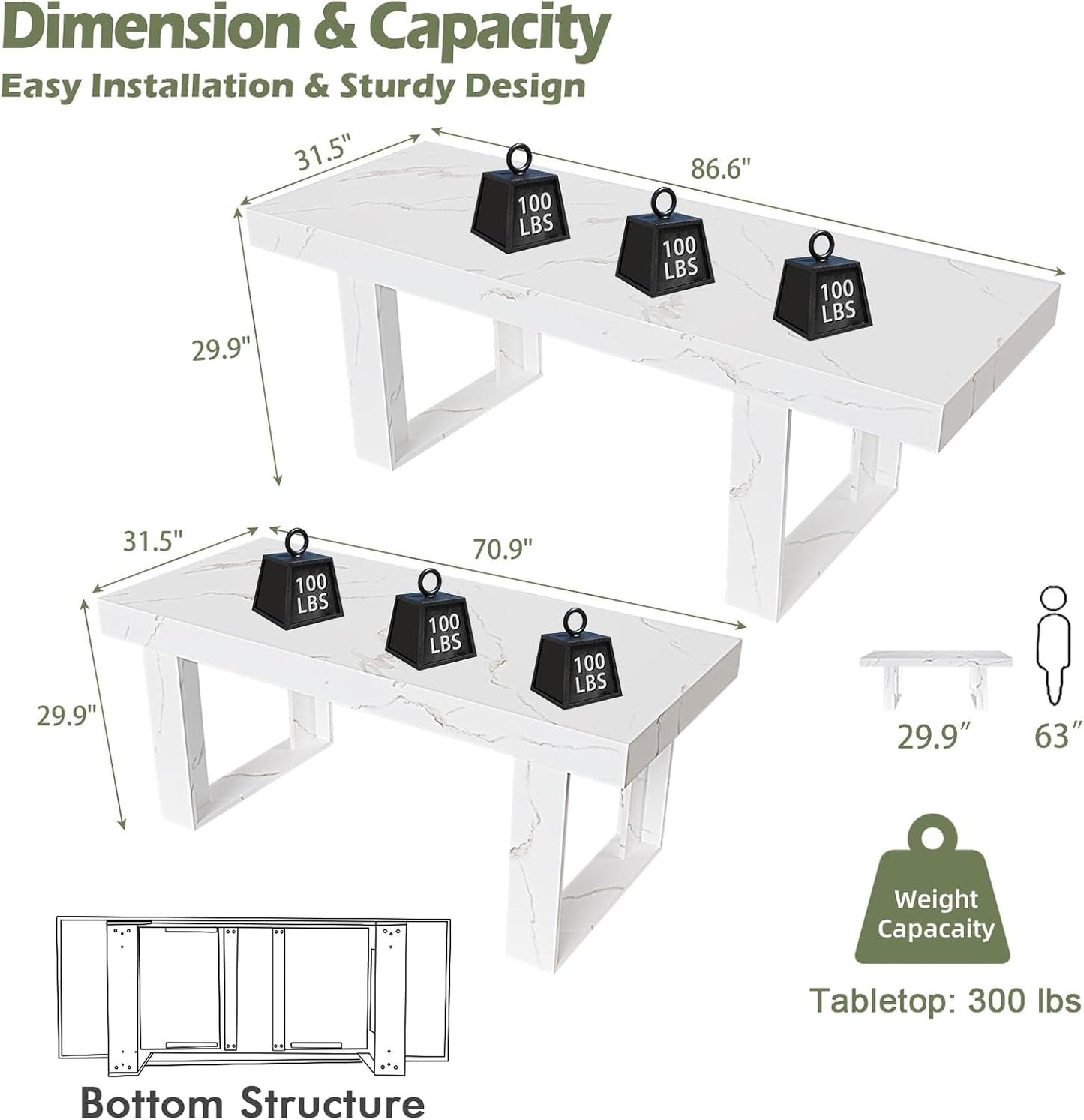White Marble Extendable Dining Room Table for 8 10, 70.9" (86.6") X 31.5", Rectangle Dinner Table for 6-10, Modern Expandable Retractable Kitchen Table (White)