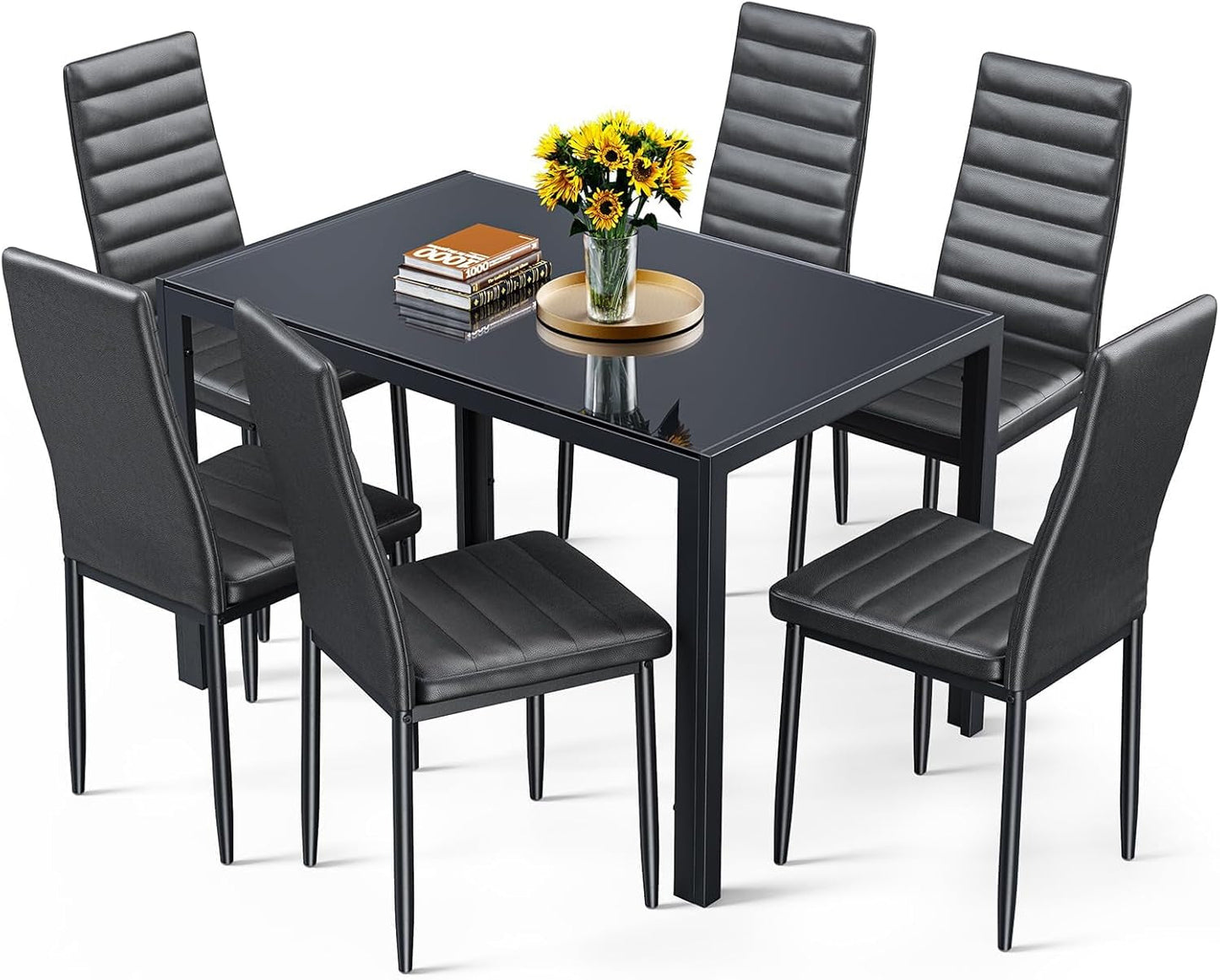 Kitchen Dining Table Set for 6, Tempered Glass 7 Piece Table and Chairs Set Modern for Home, Kitchen, Living Room, Dining Room,Black