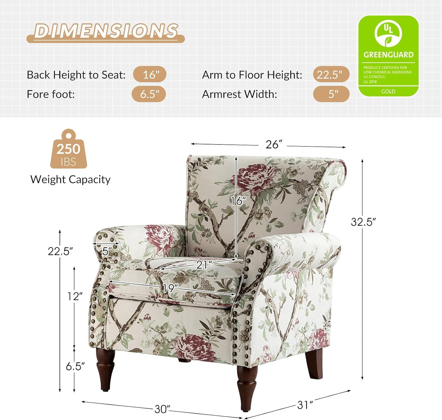 Modern Wingback Accent Chair with Wood Legs & Removable Cushion, Comfy Upholstered Armchair with Nailhead Trim, Floral Pattern Sofa Chair for Bedroom Living Room, Floral