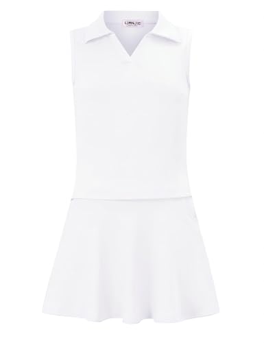Kids Girls Tennis Golf Dress Outfit Sleeveless Dress with Pockets Athletic Skorts and Polo Tank Top Sets