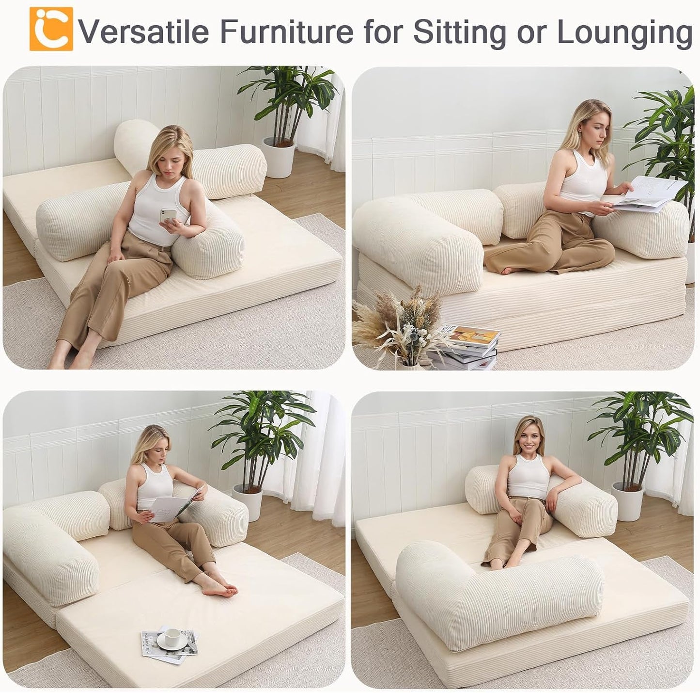 4‑In‑1 Futon Sofa Bed Queen – Floor Foldable Convertible Sofa Couch with L‑Shaped Armrests, Removable Cover, Convertible Guest Bed | Space‑Saving Fold‑Out Mattress Lounge for Living Room, Beige