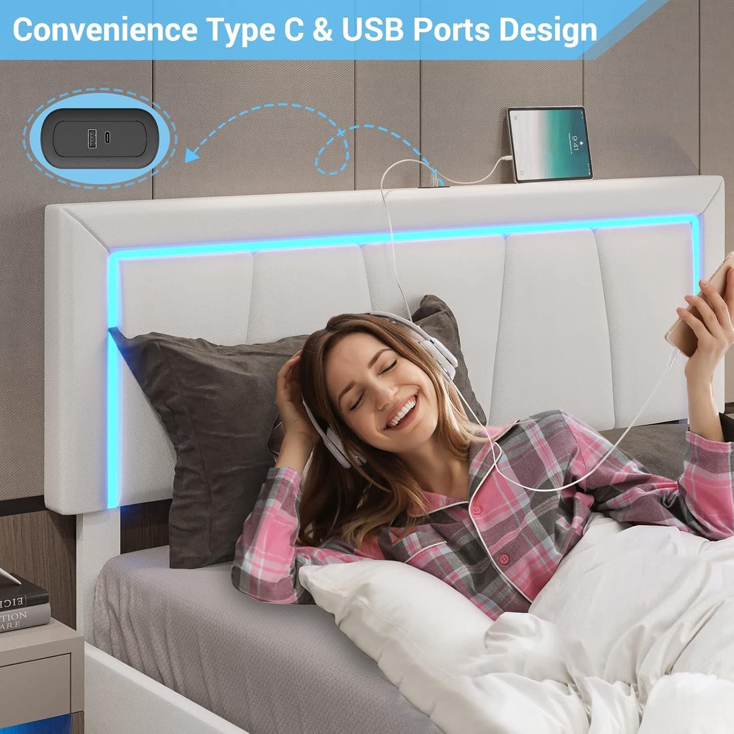 Queen Bed Frame with 4 Storage Drawers and LED Lights, Faux Leather Upholstered Platform Bed Frame Queen Size with USB Ports & Adjustable LED Headboard, No Box Spring Needed, Noise Free, White