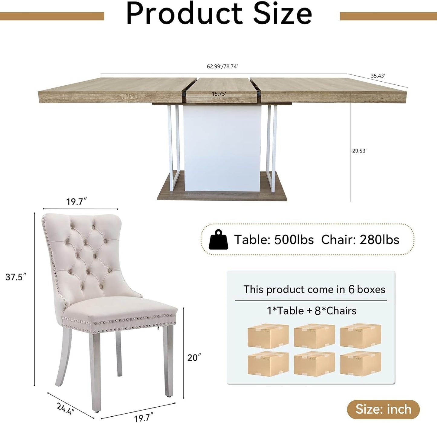 78.7" Farmhouse Extendable Dining Room Table Set for 8, 9-Piece Rectangle Kitchen Dining Room Table Set with Wood Base and 8 Beige Velvet Dining Chairs, Extending Kitchen & Dining Table Set