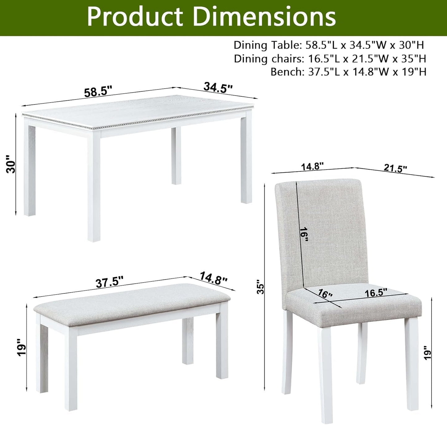 6 Piece Solid Wood Dining Set, Farmhouse Kitchen Table Set with 4 Upholstered Chairs & Bench for Kitchen, Dining Room, White