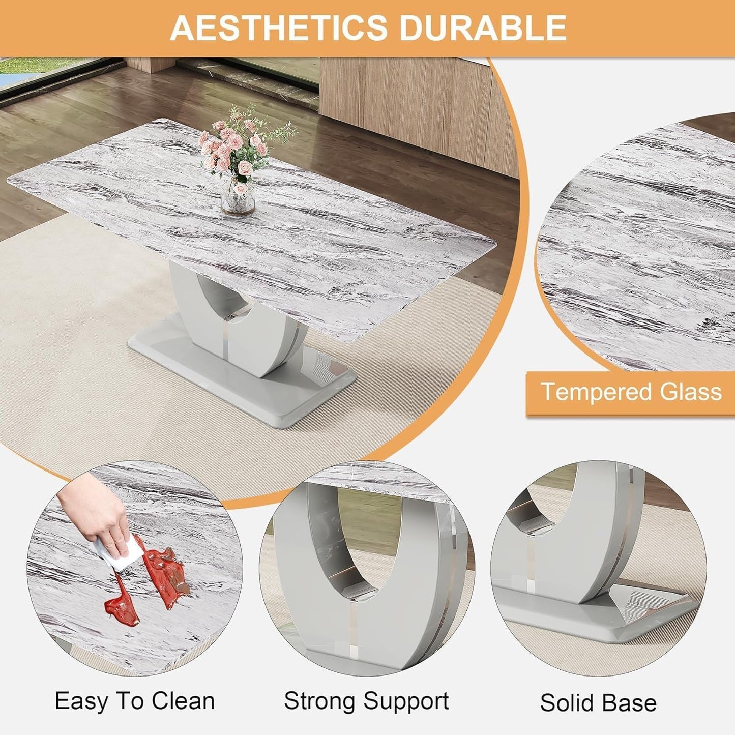 71" Faux Marble Dining Table Set for 6, Modern Grey Dining Room Table Set with Tempered Glass Top and Sturdy Base, Rectangle Kitchen Table and Upholstered Chairs Set for Home