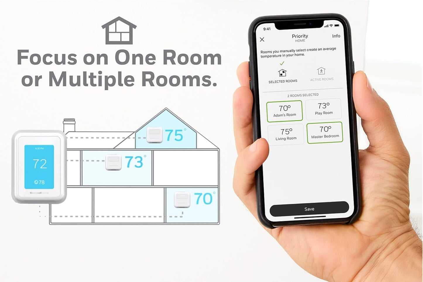 T9 Wifi Smart Thermostat with 1 Smart Room Sensor, Touchscreen Display, White