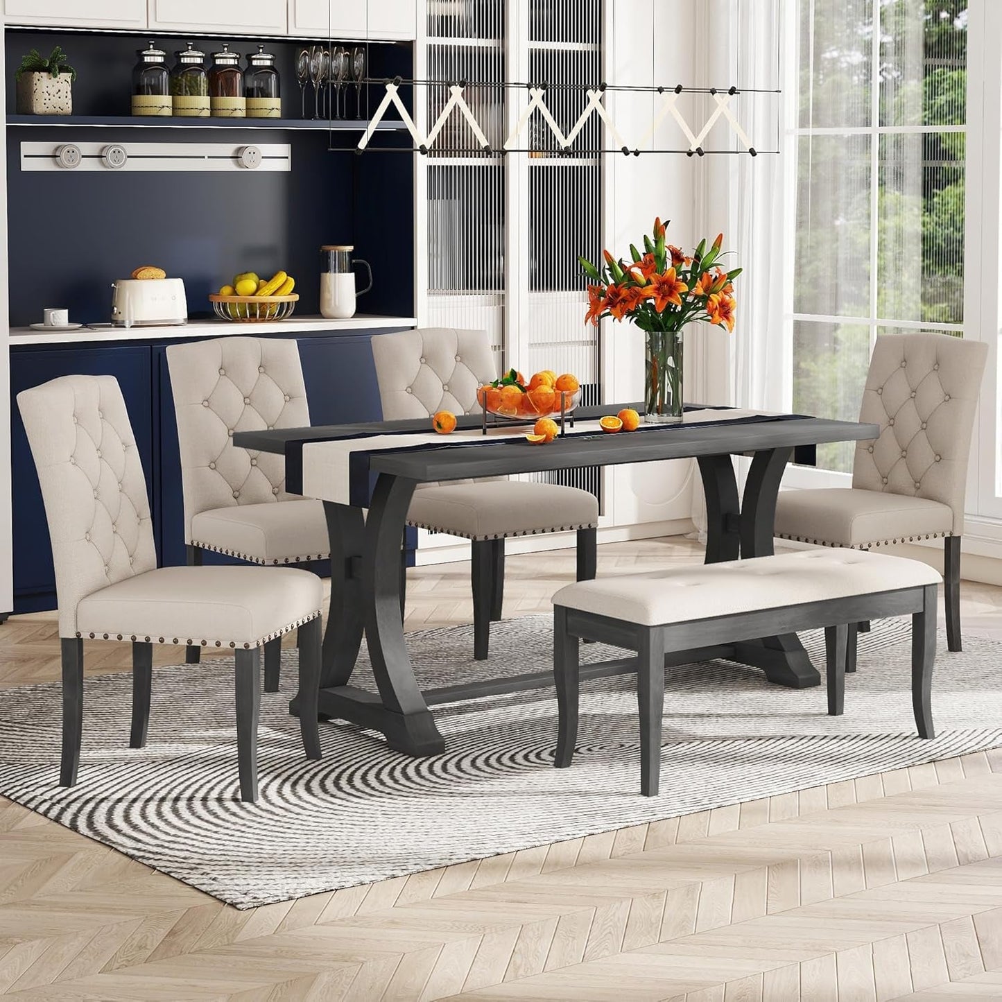 Dining Table Set for 6, Kitchen Table Set with Chairs and Bench, 6 Piece Solid Wood Dining Room Set with Trestle Table Legs for Kitchen, Dining Room (Antique Grey)