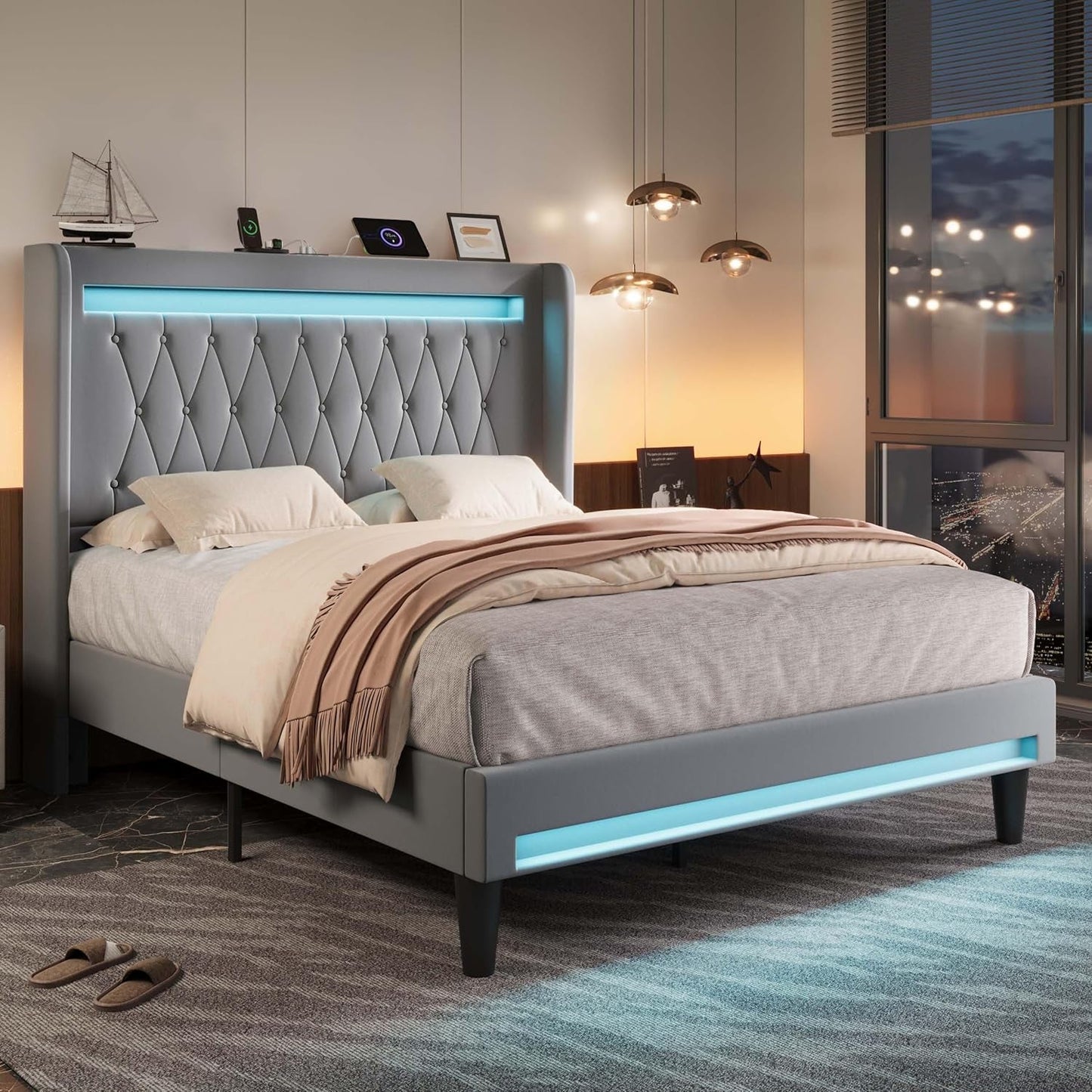 Upholstered Full Size Platform Bed Frame with LED Light and Charging Station, Button Tufted High Headboard, Wingback Design, Noise Free, Easy Assembly, No Box Spring Needed, Grey