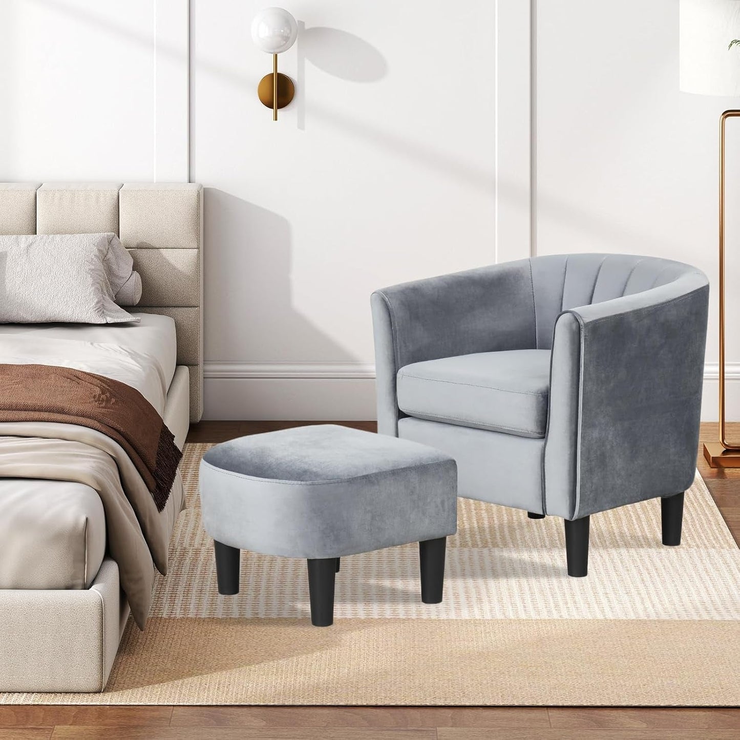 Accent Chair with Ottoman, Upholstered Velvet Club Barrel Reading Chair with Footrest Modern Comfy round Barrel Chairs for Bedroom, Living Room, Small Reading Spaces (1, Grey)