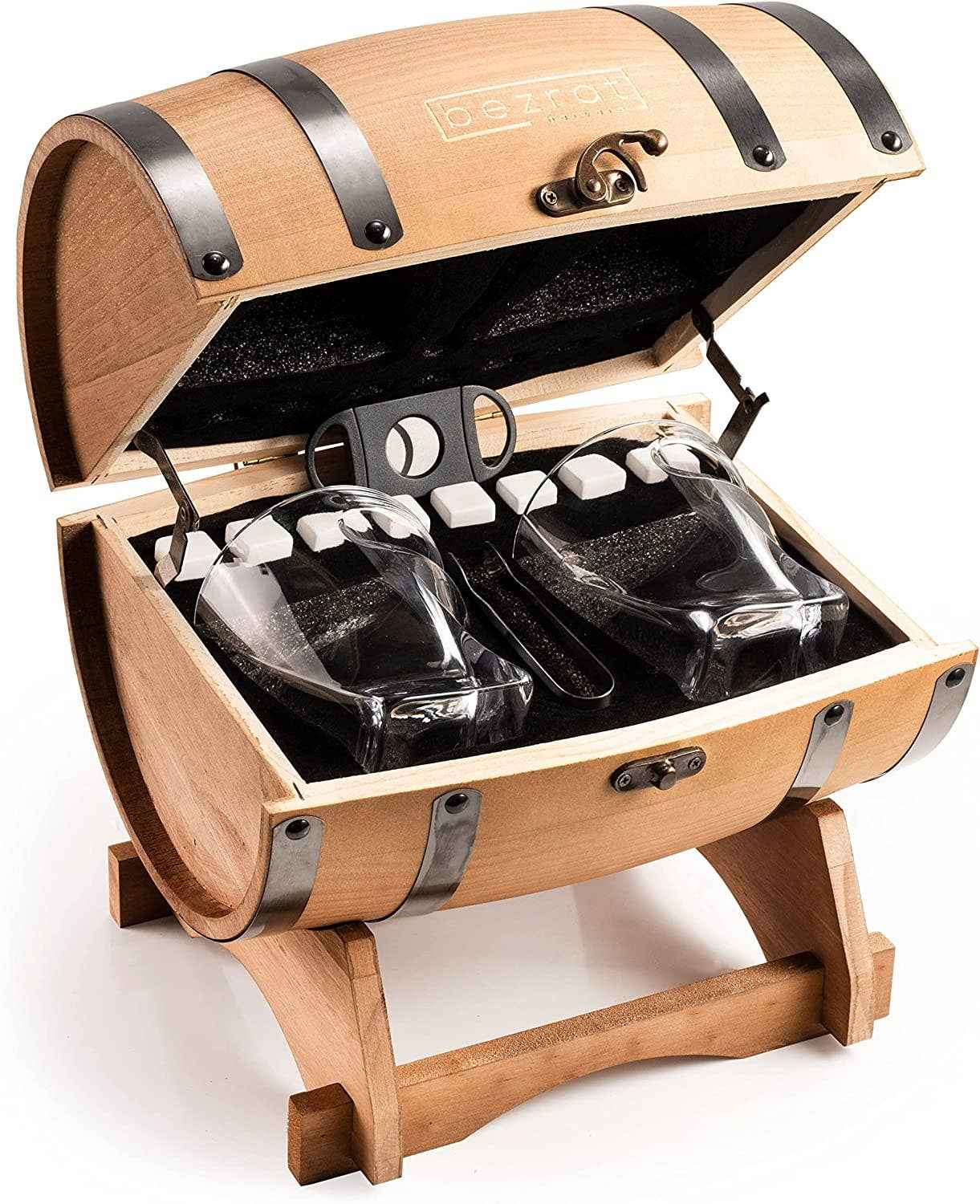 Whiskey Glasses and Accessories In Whiskey Barrel Gift Box