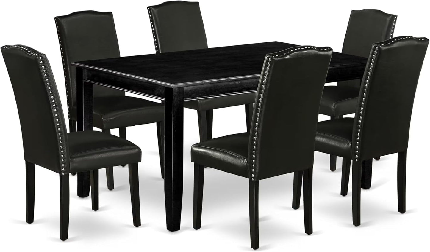 DUEN7-BLK-69 7 Piece Dining Table Set Consist of a Rectangle Kitchen Table and 6 Black Faux Leather Parson Dining Chairs, 36X60 Inch, Black