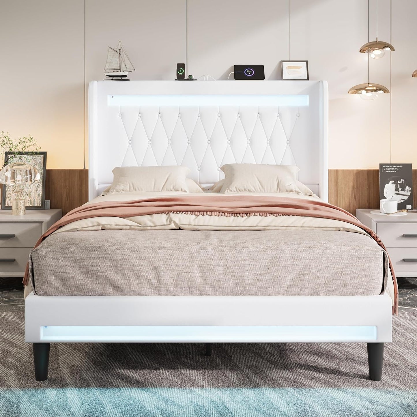 Upholstered Full Size Platform Bed Frame with LED Light and Charging Station, Button Tufted High Headboard, Wingback Design, Noise Free, Easy Assembly, No Box Spring Needed, White