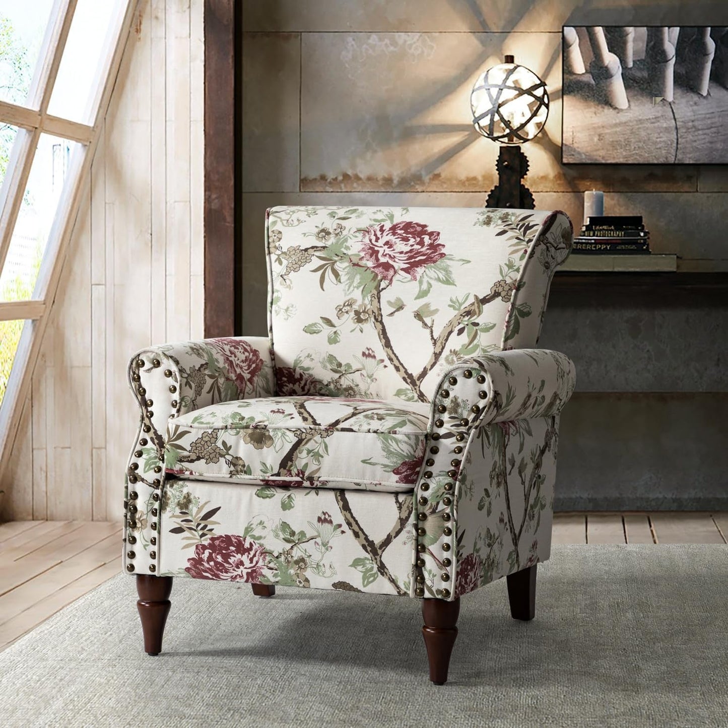 Modern Wingback Accent Chair with Wood Legs & Removable Cushion, Comfy Upholstered Armchair with Nailhead Trim, Floral Pattern Sofa Chair for Bedroom Living Room, Floral
