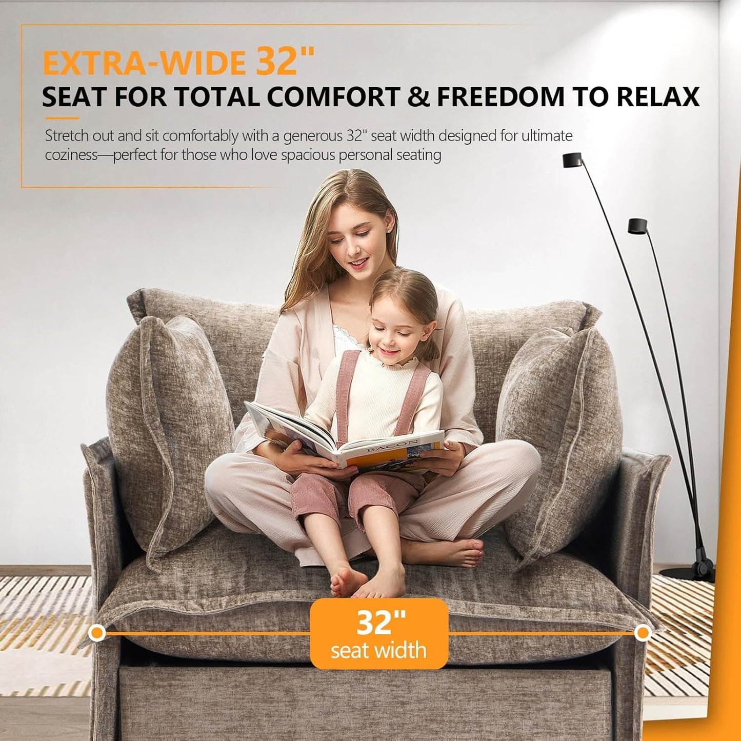 Light Browm Accent Chair 34" Width Oversized Reading Chair Upholstered Armchair Soft Chenille Fabric Living Room Chairs Sofa for Adults Bedroom, Home Office, Play Room