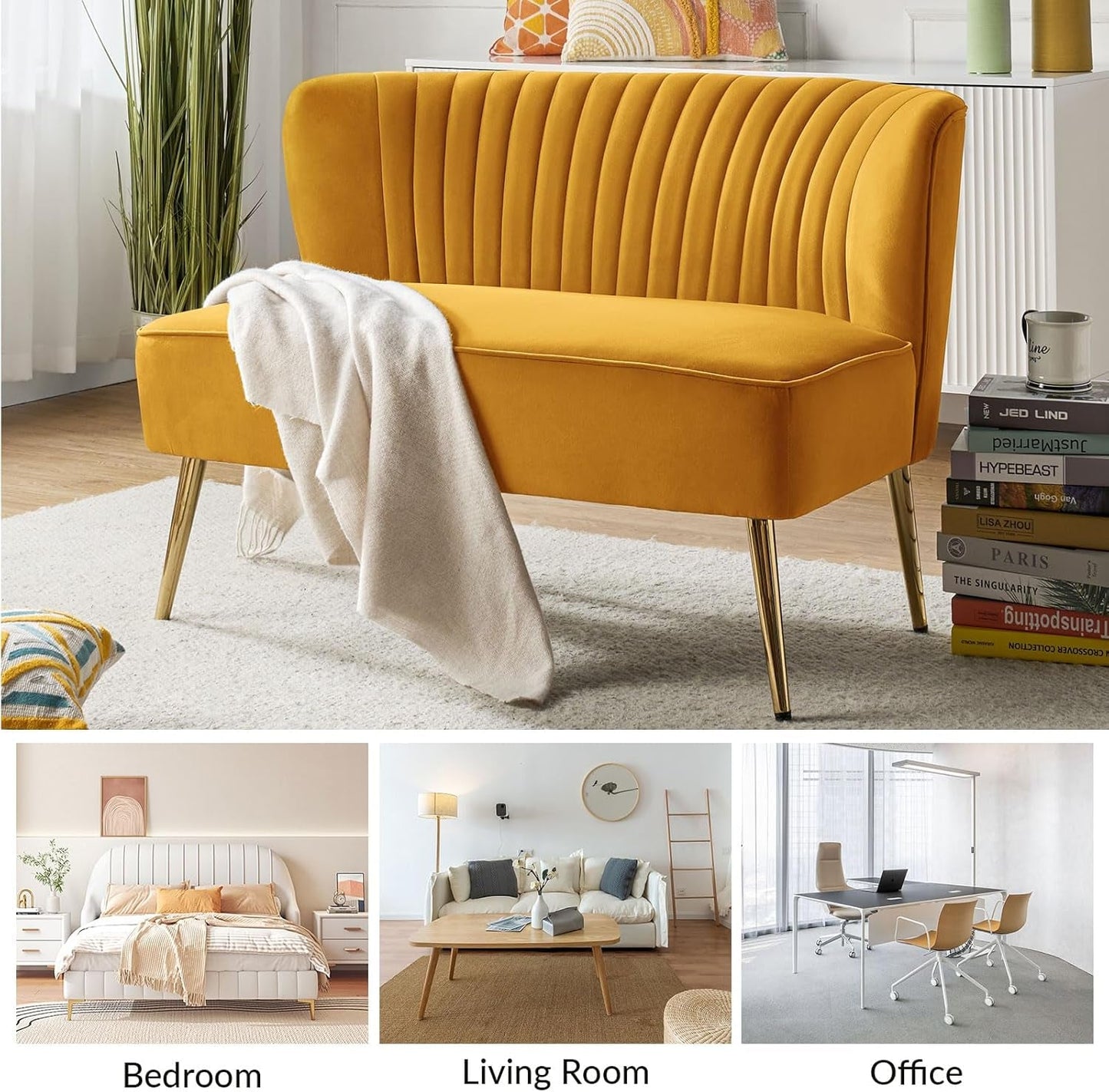 Velvet Loveseat Sofa with Gold Legs, Mid-Century Modern Upholstered Love Seat Couch, Tufted Small 2-Seat Sofa Armless for Living Room, Bedroom, Apartment Small Spaces, Mustard